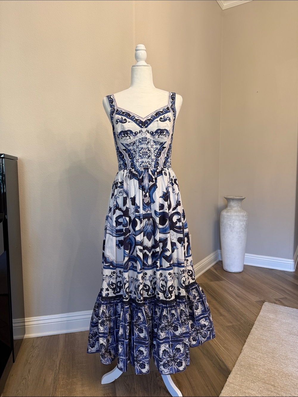Blue and White Printed Maxi Dress